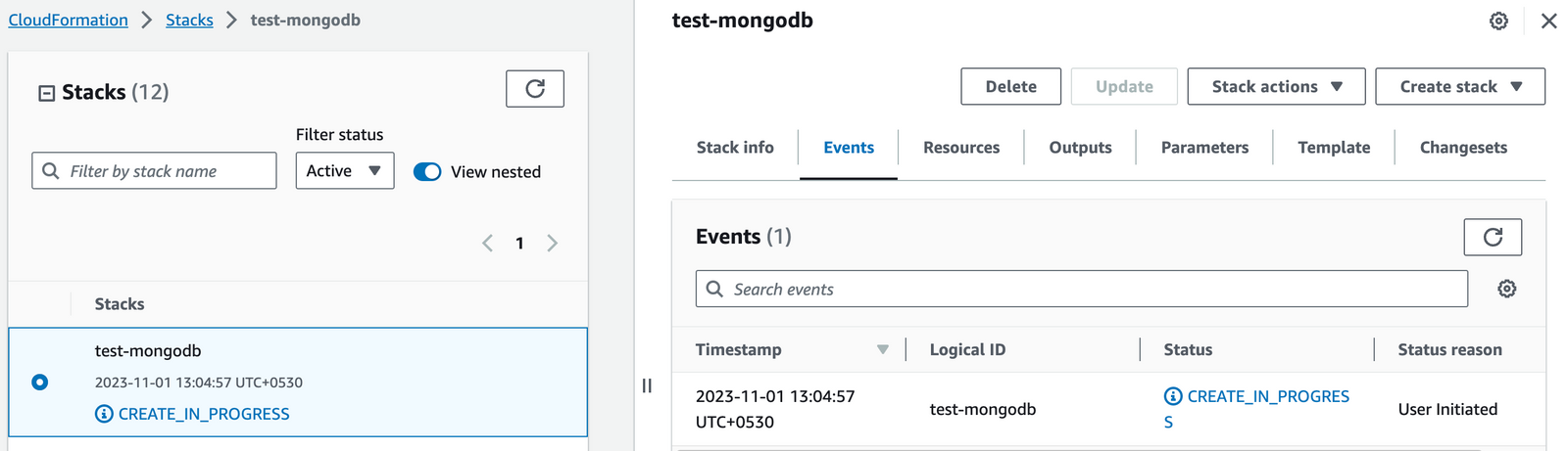 CloudFormation Stacks Page