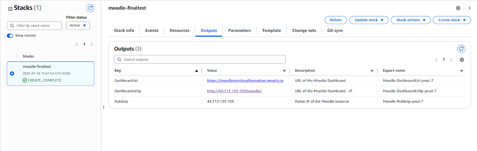 Moodle CloudFormation stack Outputs tab with CREATE_COMPLETE status showing DashboardUrl and PublicIp