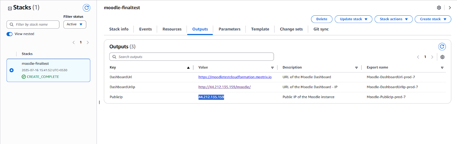 Copying the Moodle instance public IP address from the CloudFormation stack Outputs tab