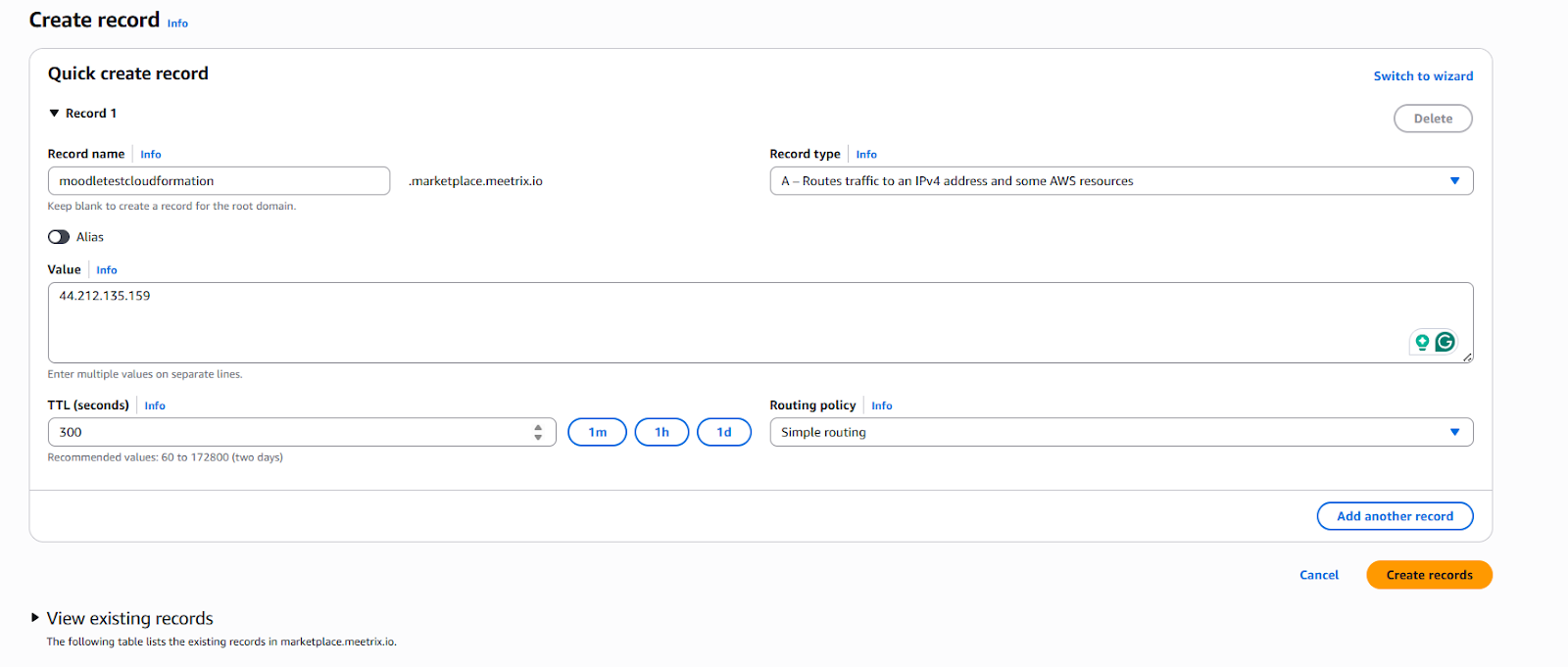 Creating a Route 53 A record pointing the Moodle domain to the instance public IP address