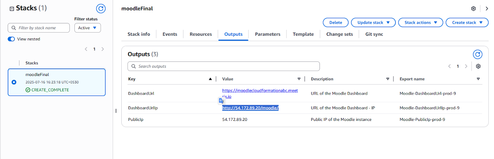 Moodle CloudFormation stack Outputs showing the DashboardUrlIp link used to open the site