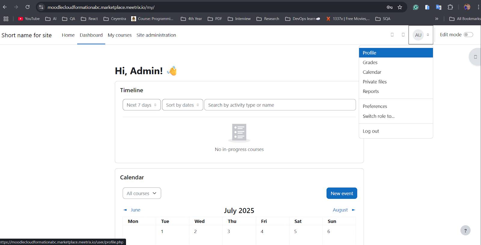 Moodle admin dashboard with the user profile dropdown menu open