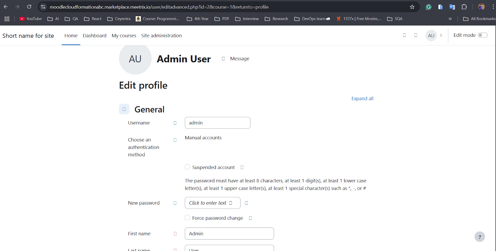 Moodle Edit profile page showing the admin username and password settings