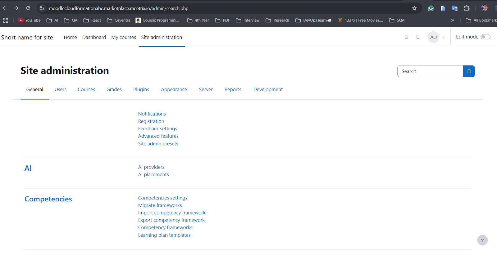 Moodle Site administration page on the General tab