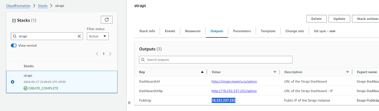 AWS CloudFormation stack Outputs tab showing the instance public IP address to copy for SSH access