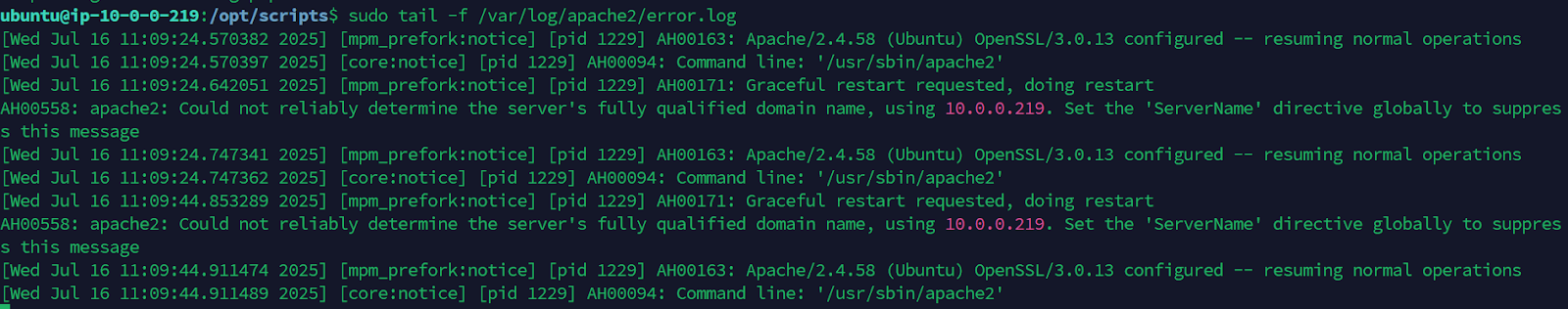 Terminal tailing the Apache error log at /var/log/apache2/error.log on the Moodle server