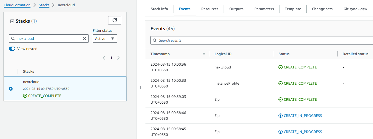 Nextcloud CloudFormation stack successfully created