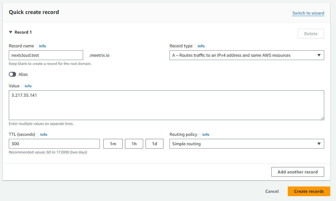 Creating a DNS record in AWS Route 53