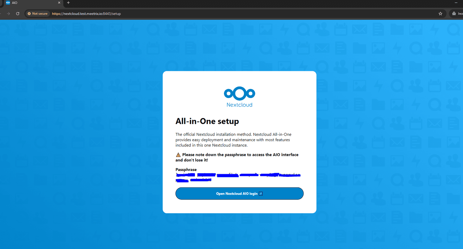 Nextcloud AIO initial page with passphrase