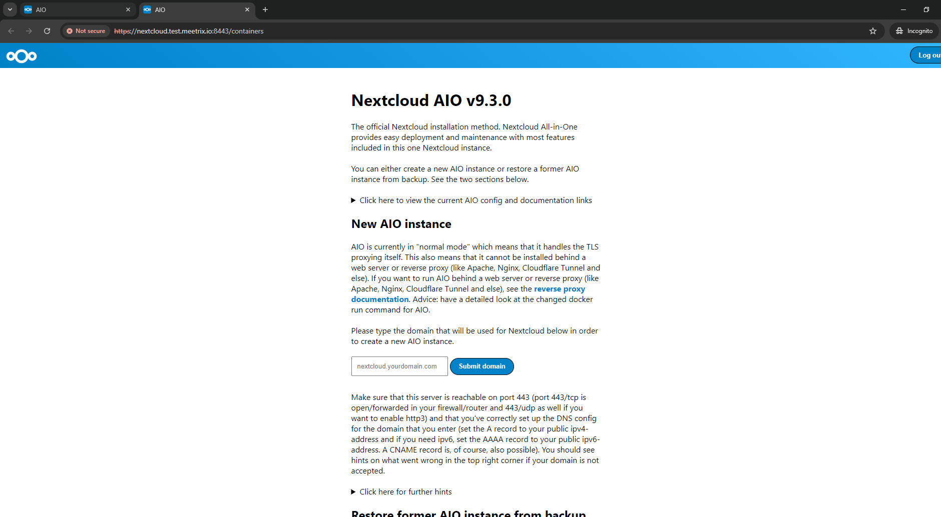 Nextcloud AIO initial setup page