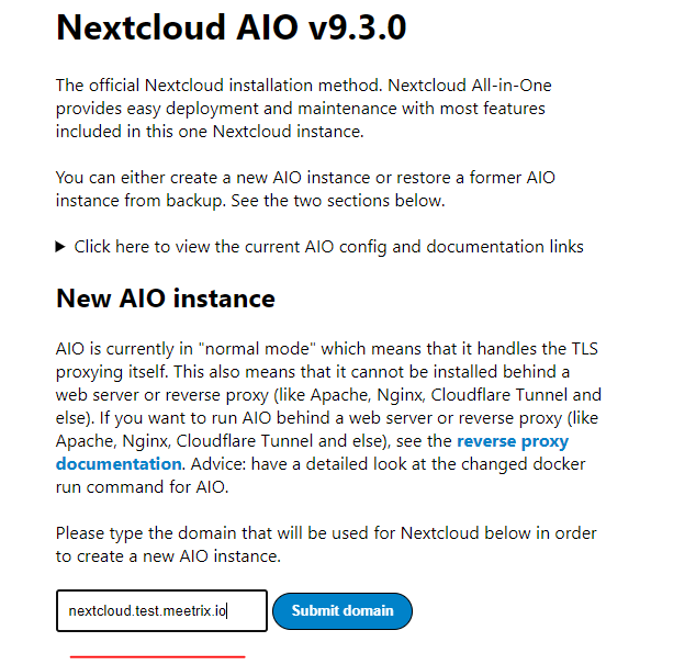 Submitting domain name in Nextcloud AIO