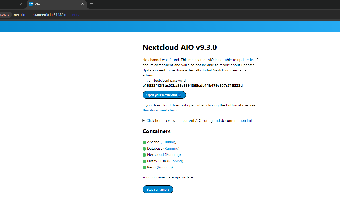 Nextcloud AIO showing login details