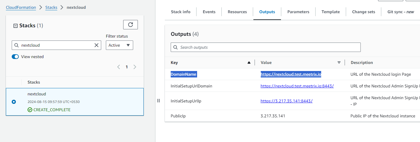 Nextcloud domain name in CloudFormation Outputs