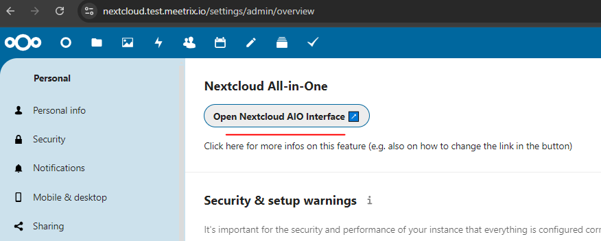 Nextcloud admin overview settings page