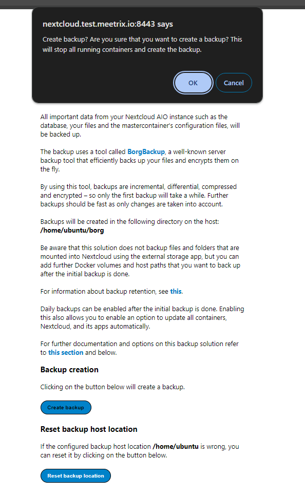 Resetting backup location in Nextcloud AIO
