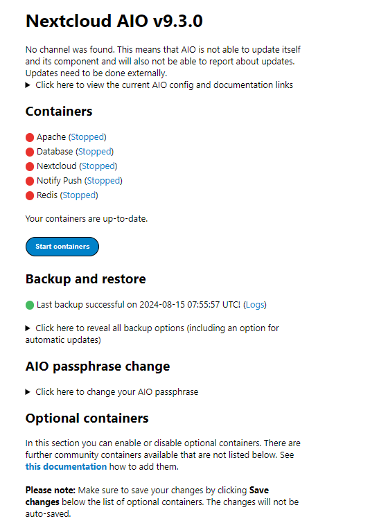 Starting containers after backup in Nextcloud AIO