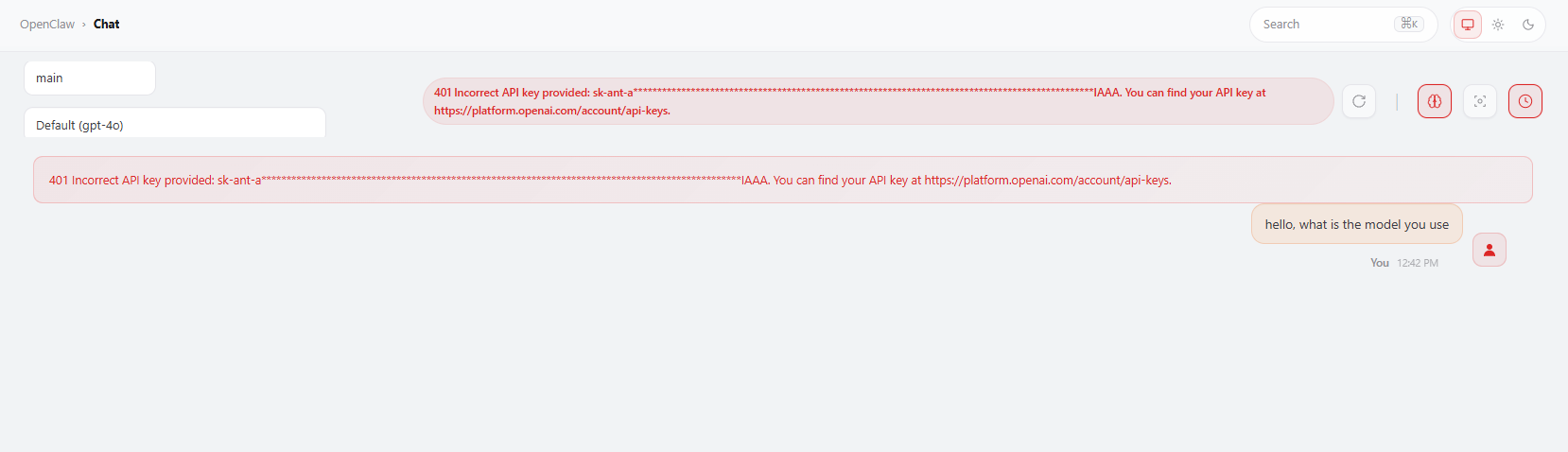 Incorrect API key provided error in OpenClaw chat