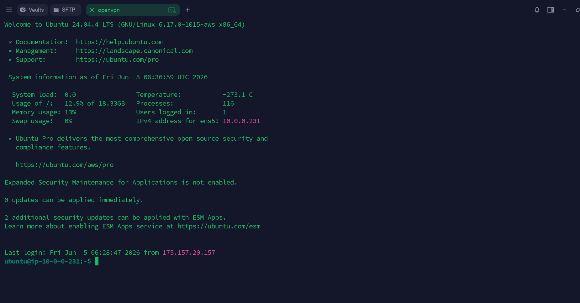 SSH terminal session connected to the OpenVPN server on GCP