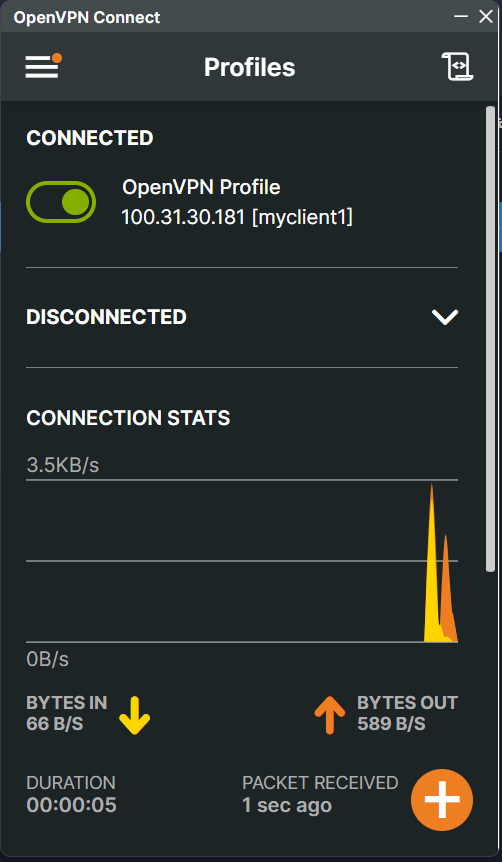 OpenVPN Connect showing CONNECTED status