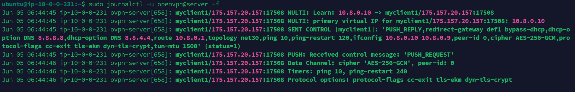 Live OpenVPN server logs via journalctl