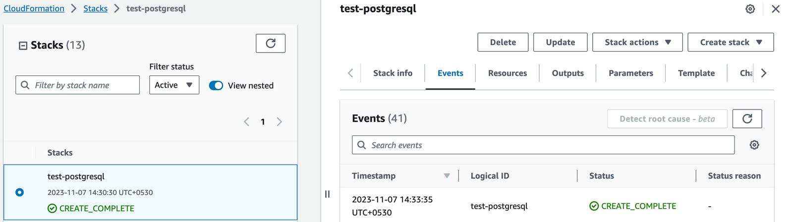 PostgreSQL CloudFormation stack creation complete