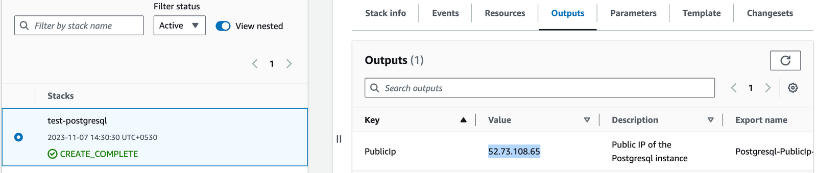 Copying the PublicIp from CloudFormation Outputs tab