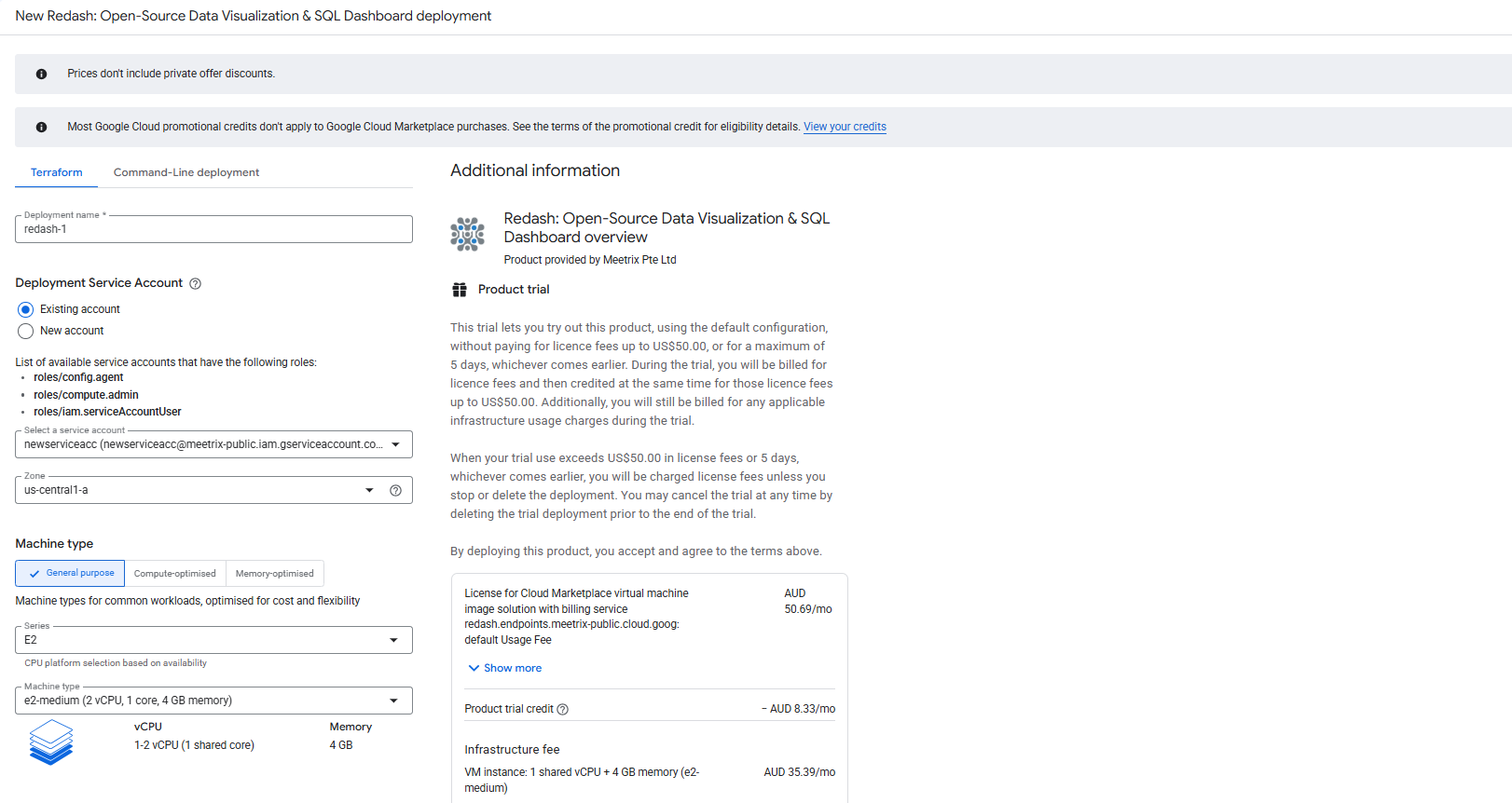 Redash GCP deployment configuration form showing deployment name, service account, zone, and machine type