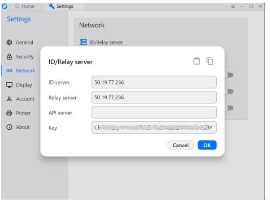 RustDesk client ID/Relay server settings with ID server, Relay server and Key fields filled in