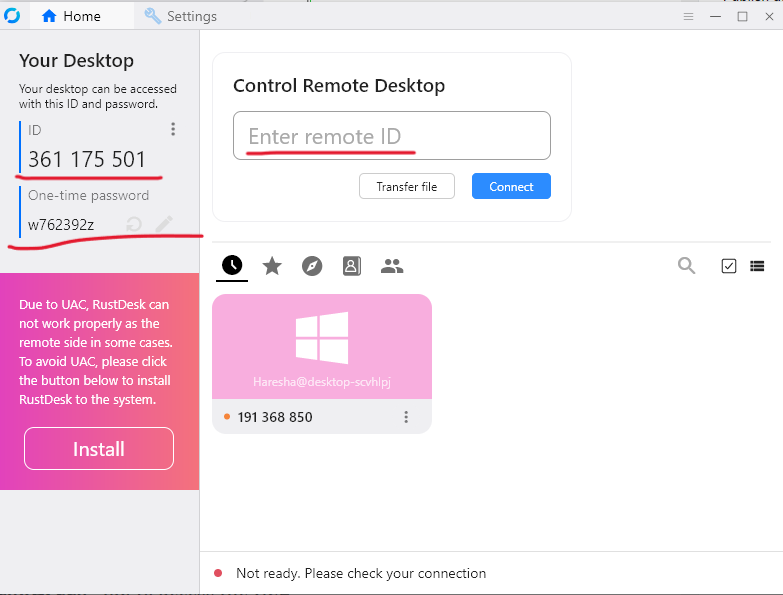 RustDesk client connected to your own self-hosted server, showing a remembered remote device