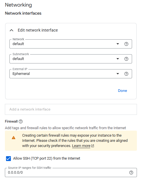 RustDesk GCP networking configuration showing network interface and firewall settings