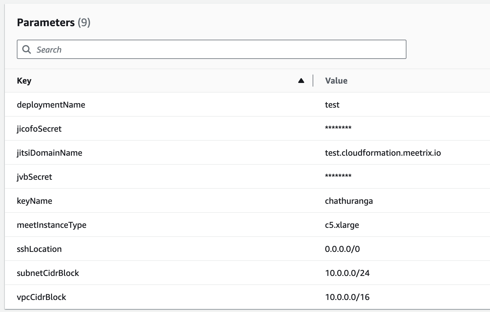 AWS CloudFormation Parameters review for the Jitsi Meet stack showing jitsiDomainName, keyName and a c5.xlarge meet instance type