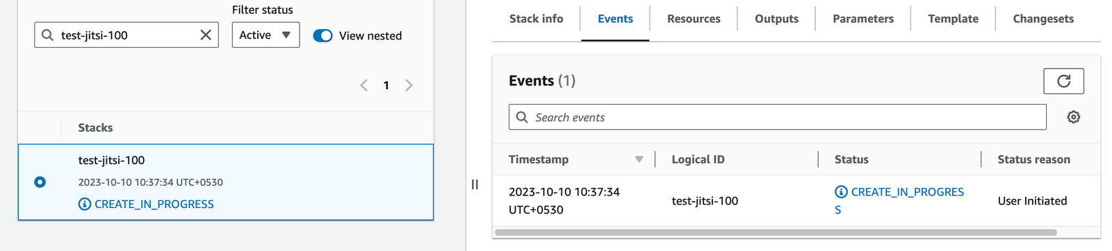 Jitsi Meet CloudFormation stack with CREATE_IN_PROGRESS status on the Events tab just after launch