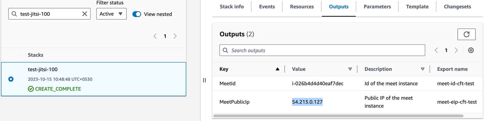 Jitsi Meet CloudFormation stack Outputs tab showing the MeetId and MeetPublicIp values