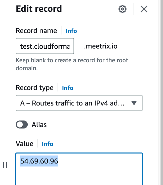 Route 53 Edit record panel setting the Jitsi Meet domain as an A record pointing to the instance IP address