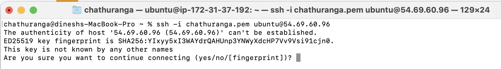 Terminal SSH connection to the Jitsi Meet server with a PEM key, accepting the host authenticity prompt
