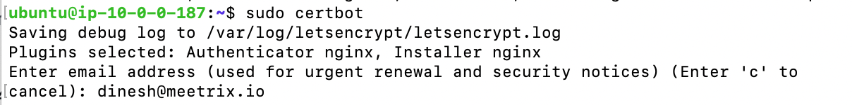 Terminal running sudo certbot on the Jitsi Meet server and entering an email address for renewal notices
