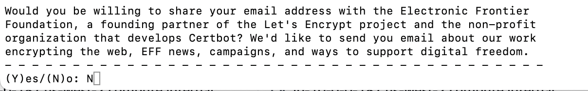 Certbot prompt asking whether to share the email address with the Electronic Frontier Foundation