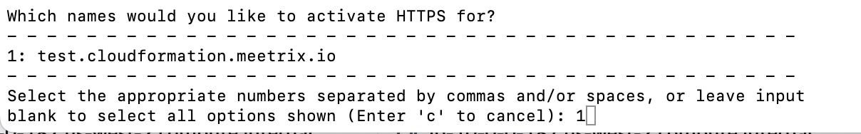 Certbot prompt to select which domain name to activate HTTPS for on the Jitsi Meet server