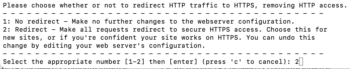 Certbot prompt choosing option 2 to redirect all HTTP traffic to HTTPS on the Jitsi Meet server