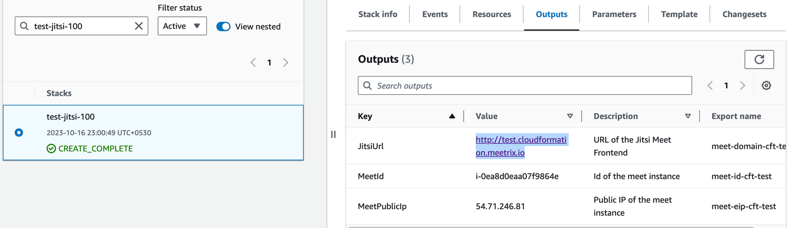 Jitsi Meet CloudFormation stack Outputs tab showing the JitsiUrl link to the Jitsi Meet frontend