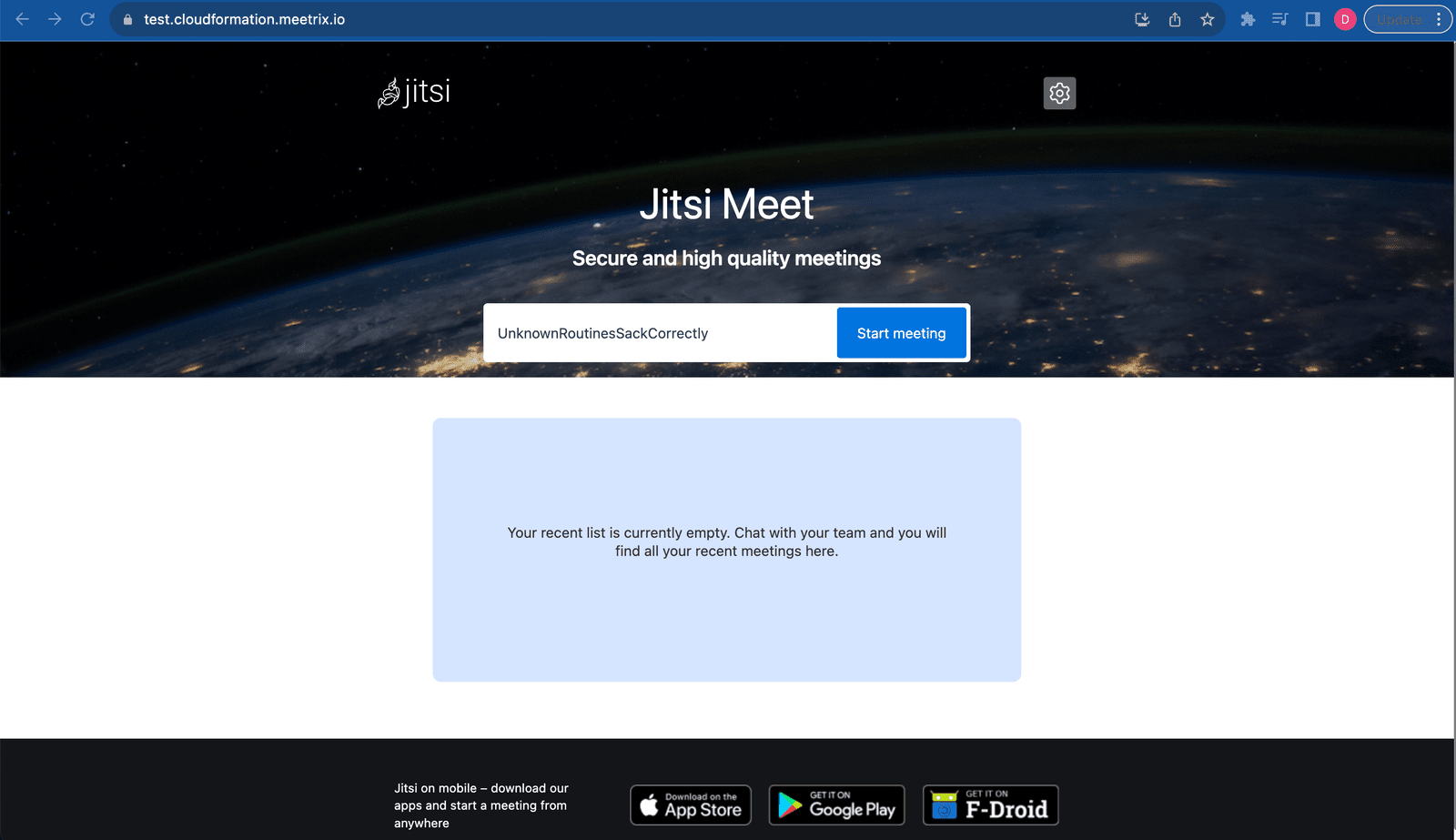 Deployed Jitsi Meet homepage in a browser with the Start meeting button and a generated room name