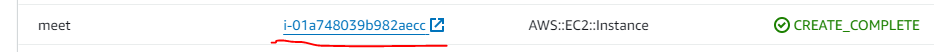 CloudFormation Resources tab row showing the meet EC2 instance with CREATE_COMPLETE status