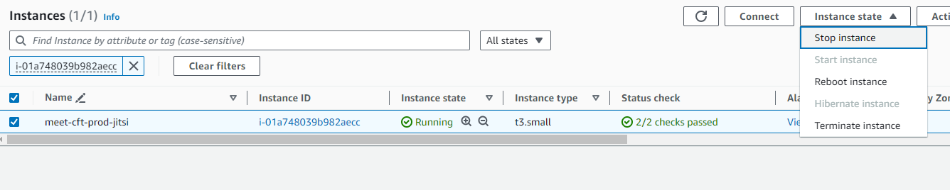 AWS EC2 Instance state menu with Stop, Reboot and Terminate options for the running Jitsi Meet instance