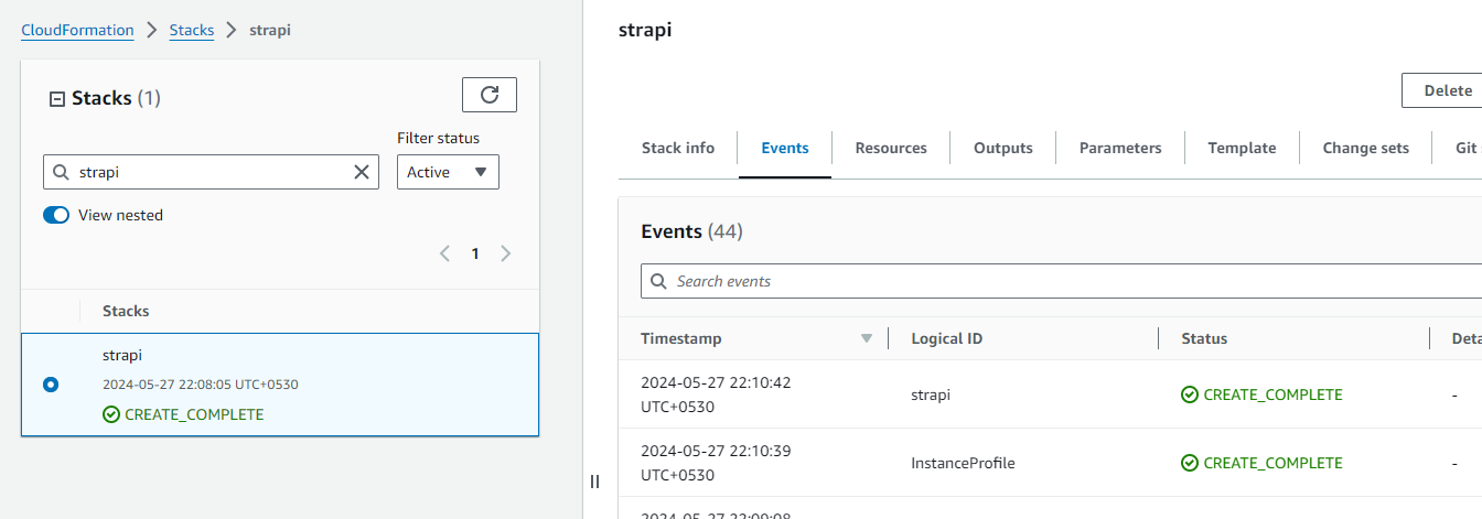 Strapi CloudFormation stack successfully created