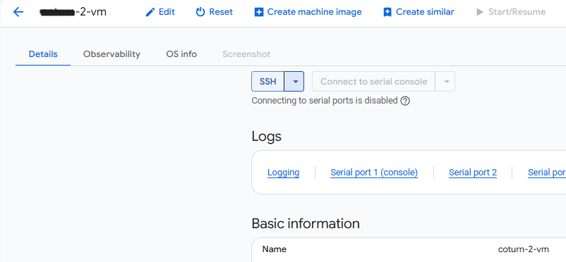 Supabase VM instance details page with the SSH button and Logs section on GCP