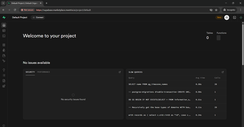 Supabase Studio welcome screen for the default project showing tables, functions, and slow queries