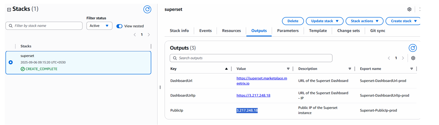 Superset DashboardUrl in CloudFormation Outputs