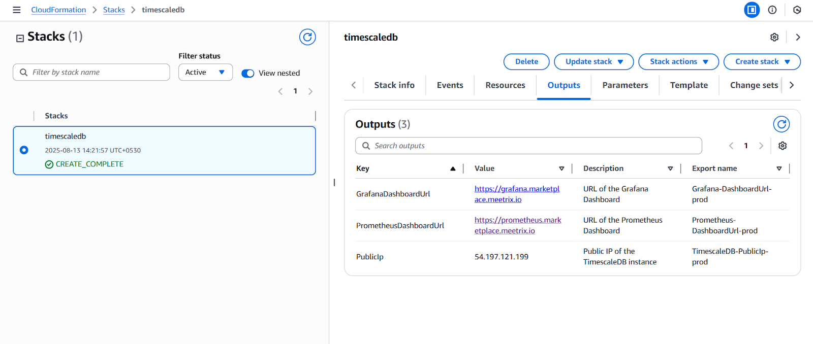 TimescaleDB CloudFormation stack at CREATE_COMPLETE with Outputs listing GrafanaDashboardUrl, PrometheusDashboardUrl and PublicIp