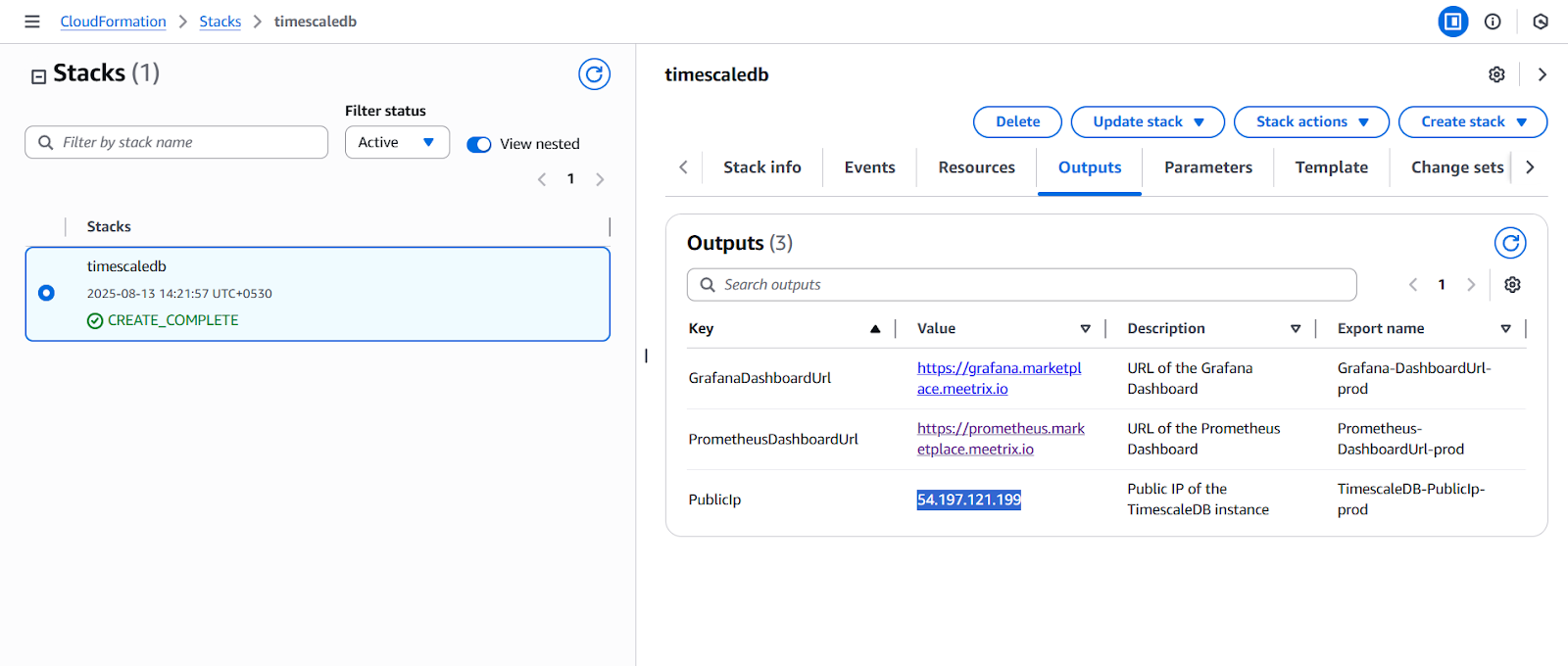 Copying the PublicIp value from the TimescaleDB CloudFormation stack Outputs tab