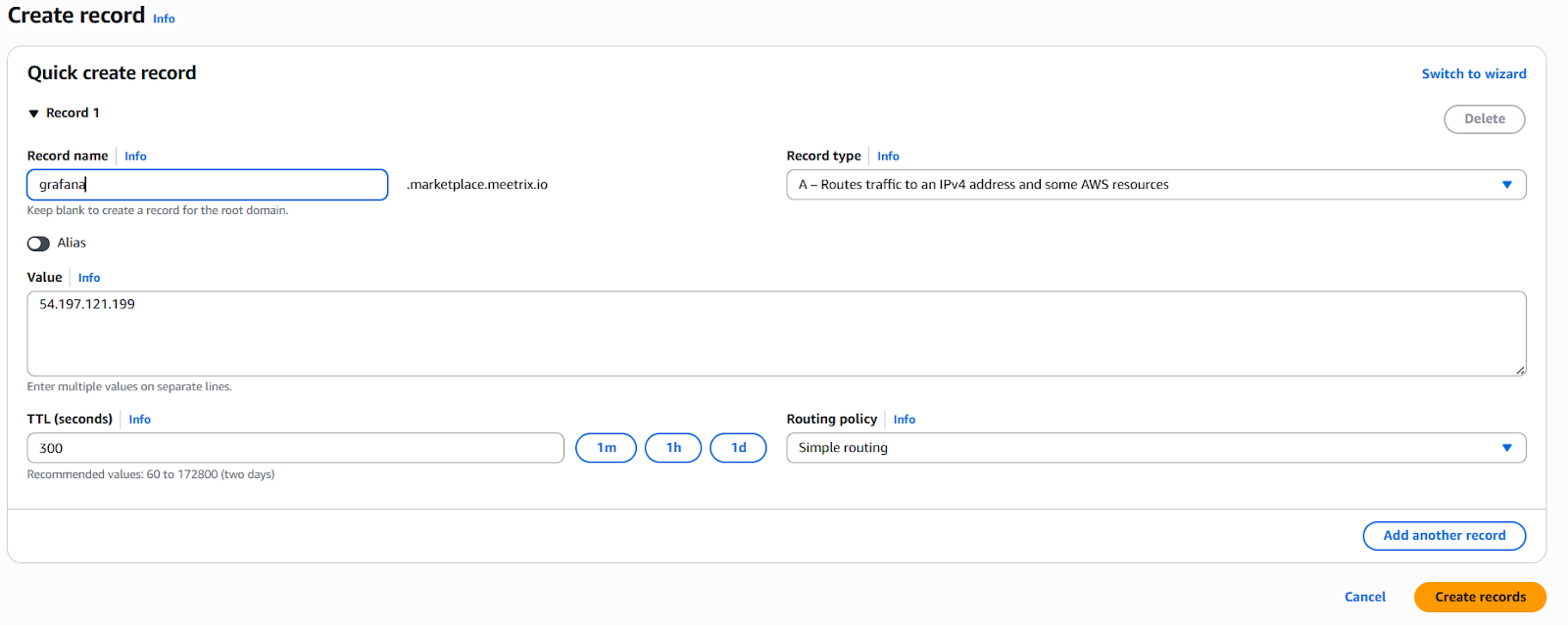 Route 53 Quick create record adding a grafana A record pointing to the TimescaleDB instance IP address